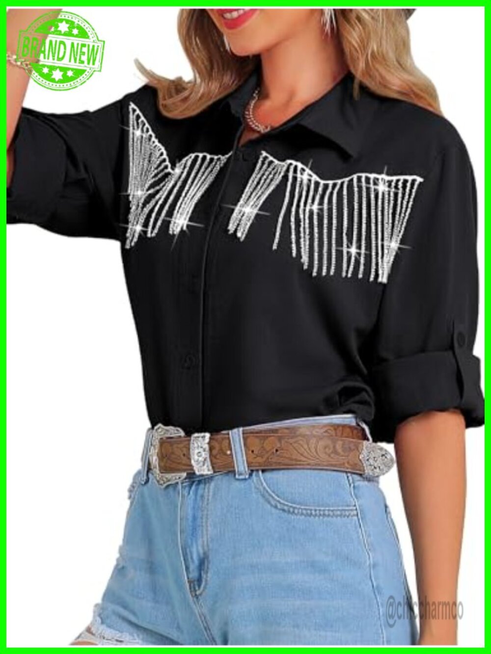 Western Cowgirl Shirt Rolled 3/4 Sleeve Beaded Fringe Top Concert